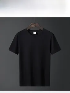 Detail view of the black crew neck T-shirt neckline with a size L label on a wooden hanger