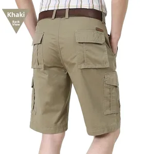 Detail view of khaki cotton cargo shorts with multiple utility pockets and belt