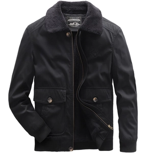 Men's black winter fleece jacket with warm sherpa collar and vintage cargo pockets