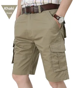 Detailed front view of khaki cotton cargo shorts featuring a durable twill texture