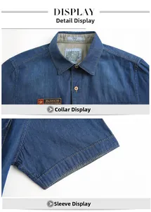 Détail du col et de la manche d'une chemise en jean bleu foncé avec écusson et boutons ambrés