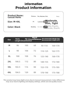 Detailed size chart for men ice silk casual pants from M to 4XL with measurement data