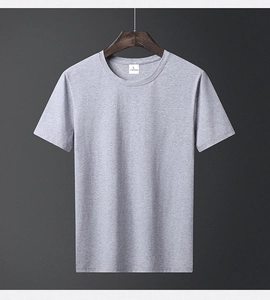 Detail of light grey cotton T-shirt neckline with size L label on wooden hanger