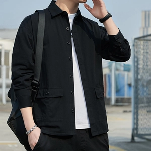 Men's loose black long sleeve cargo shirt with dual flap pockets and button-up design
