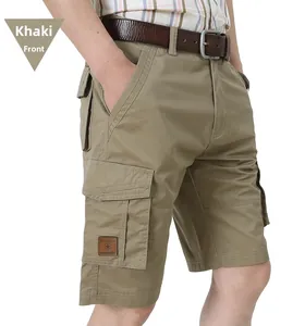 Detail of khaki cargo shorts showing the large flap pocket and Freedom leather patch