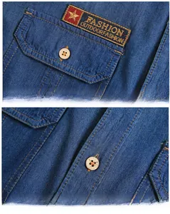 Gros plan sur chemise en jean bleu avec broderie de poche et boutons texture bois