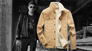 Detail of warm sherpa lining and durable canvas fabric on khaki men's winter jacket