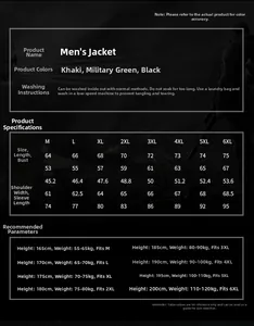 Detailed size chart and washing guide for men's cotton multi-pocket military jacket