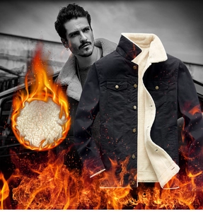 Detailed view of heavy winter fleece lining and collar for thermal warmth in blue denim jacket