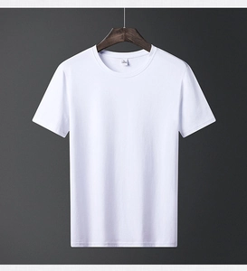 Close-up of white crew neck T-shirt neckline with size L label on wooden hanger