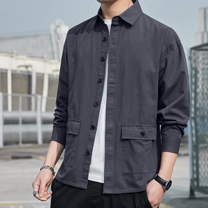 Men's dark grey long-sleeve oversized work shirt with chest pockets and urban style