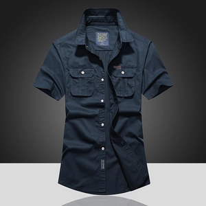 Men's navy blue short sleeve cargo shirt with dual chest pockets and white buttons