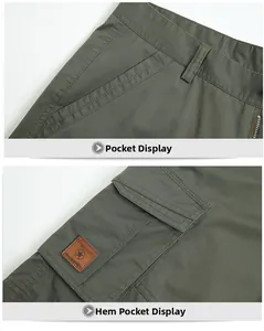 Detail of military green cargo shorts with flap pocket and freedom leather label
