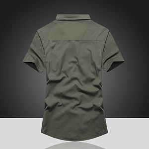 Men's olive green cotton work shirt with short sleeves and cargo style back view