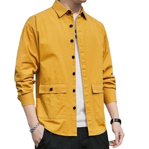Loose fit mustard yellow long sleeve utility shirt for men with double chest pockets