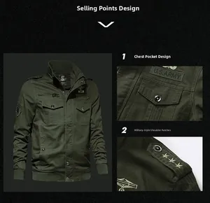 Close-up of military jacket detailing with U.S. ARMY patch and star embroidery