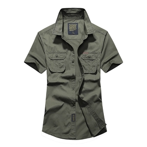 Army green men's cotton cargo short sleeve shirt with double chest pockets and lapel