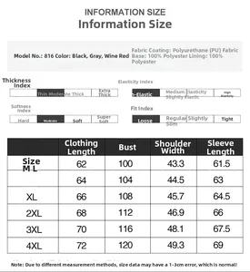Detailed size chart and fabric specifications for men's slim fit PU leather jackets