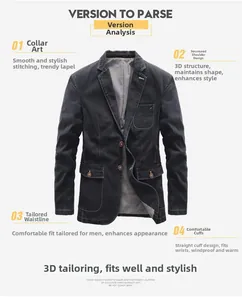 Detailed close-up showing 3D tailored cut and premium denim fabric texture on gray jacket