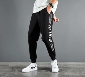 Pantalons de Jogging Homme Mélange Coton Imprimé Lettres Coupe Ajustée Respirant Pantalons Décontractés Streetwear Homme Noir
