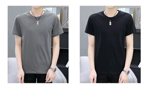 Λεπτομερής προβολή βασικών βαμβακερών T-shirt με στρογγυλή λαιμόκοψη σε μαύρο και γκρι