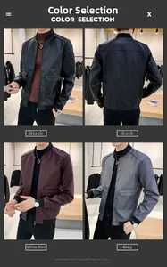 Front and back views of men's slim fit PU leather jackets in black, burgundy and grey