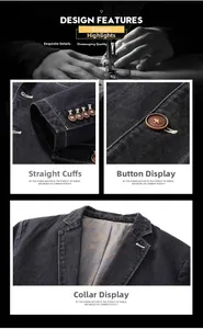 Detail view of dark denim jacket featuring vintage buttons and printed lining fabric