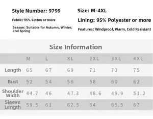 Size chart for men's winter jacket showing measurements from M to 4XL for perfect fit