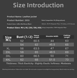 Detailed size guide and material specs for the winter faux leather jacket for men