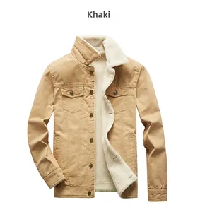 Detail of khaki men's winter work jacket showing warm fleece lining and sturdy buttons