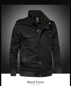 Front view detail of a black military cotton jacket with U.S. Army patch and multiple pockets