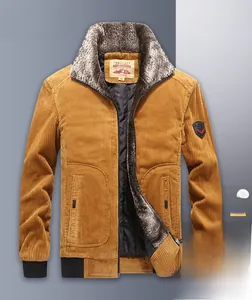 Detail of ginger corduroy jacket featuring faux fur collar and quilted lining