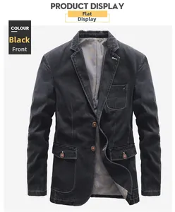 Detail of black denim jacket showing classic notched lapel and high-quality gold patterned lining