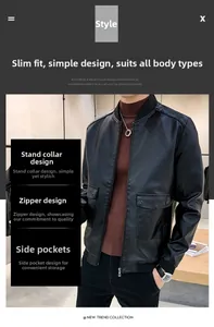 Close-up of men's slim fit black PU leather jacket with stand collar and zipper pockets