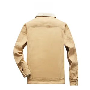 Back view detail of khaki winter work jacket with white faux shearling fleece collar