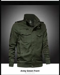 Detail of army green military jacket featuring U.S. ARMY patches and utility pockets
