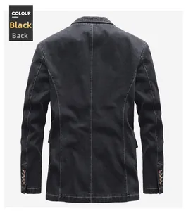 Back view of a black denim blazer with white contrast stitching and cuff button details