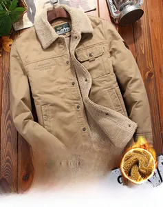 Detail of khaki jacket with warm sherpa collar and embroidered chest pocket