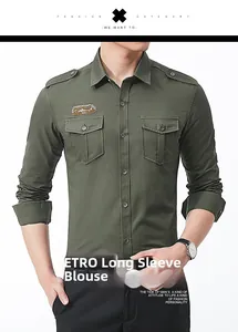 Detail of military green cargo shirt with epaulettes and embroidered chest pocket badge
