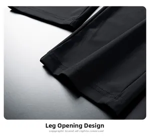Detail view of double-stitched hem on high-density black ice silk sports trousers