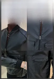 Detail shots of ribbed stand collar, metal zipper, and pocket on men's PU leather jacket