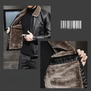 Detailed view of men's winter leather jacket with thick dark brown faux fur lining and collar