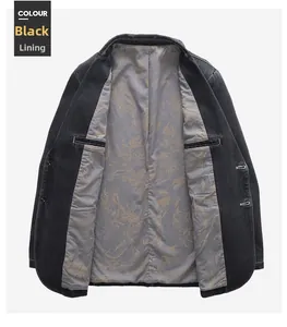 Detail view of washed black casual jacket showing premium patterned inner lining fabric