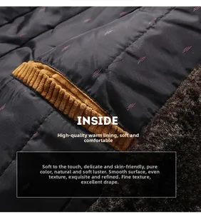Detail of warm winter coat lining with quilted fabric and soft brown faux fur texture