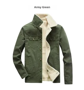 Detail view of army green jacket with warm fleece lining and chest flap pockets