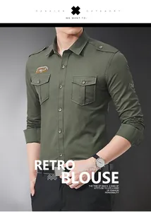 Detail of military style cotton shirt with double chest pockets and arm patches