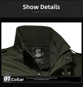 Detailed close-up of army green men jacket collar with snap buttons and epaulets