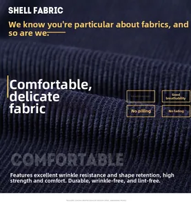Detailed view of durable navy blue corduroy fabric with thick vertical stripe texture