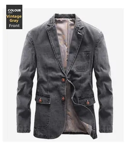 Detailed front view of a vintage gray denim jacket with retro printed lining and buttons