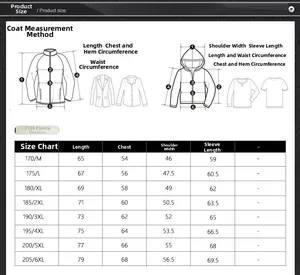 Detailed size chart for men fleece jacket showing M to 6XL measurements and guide